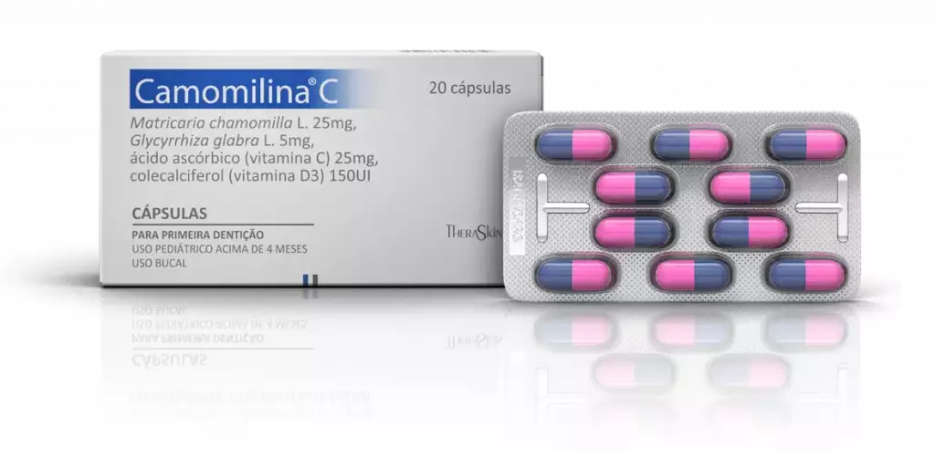 caixa e cápsula do medicamento Camomilina® C