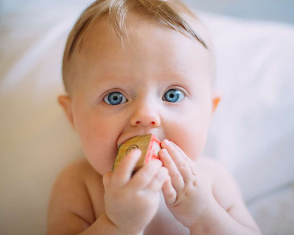 bebê com brinquedo na boca primeira dentição