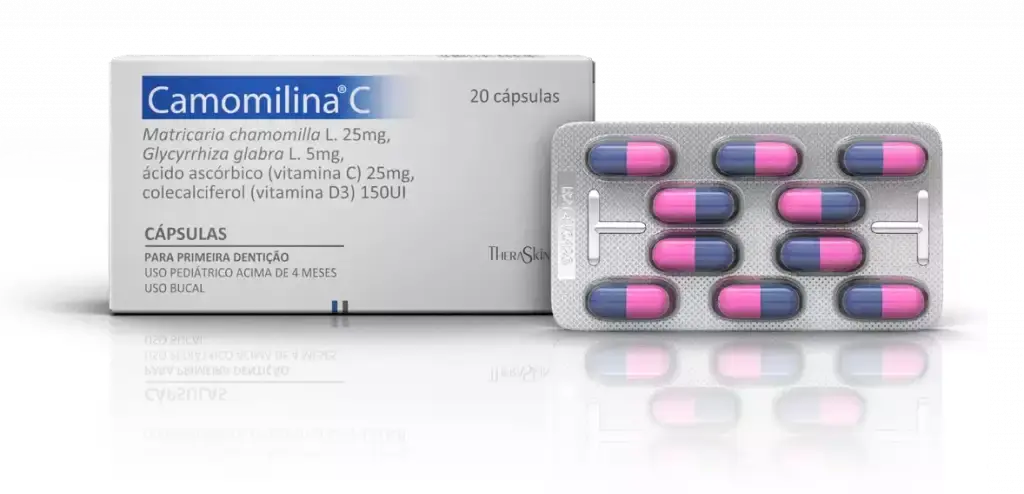 Caixa e cápsulas do medicamento Camomilina® C