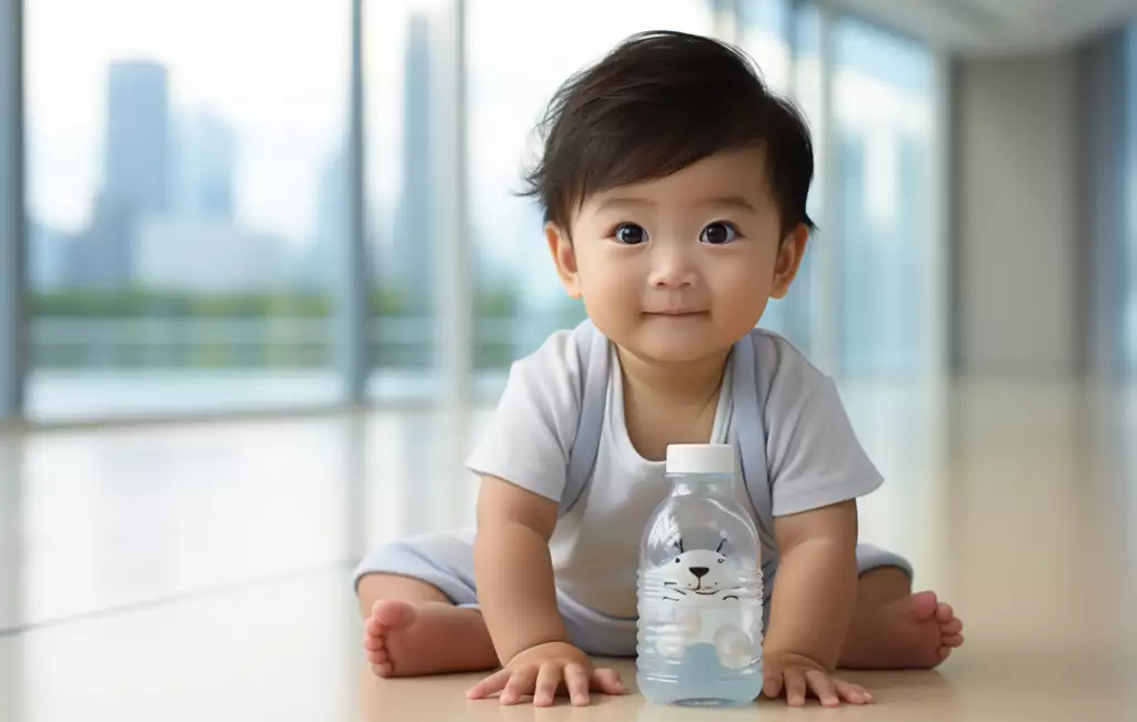 Bebê sentado pronto para beber água na mamadeira.