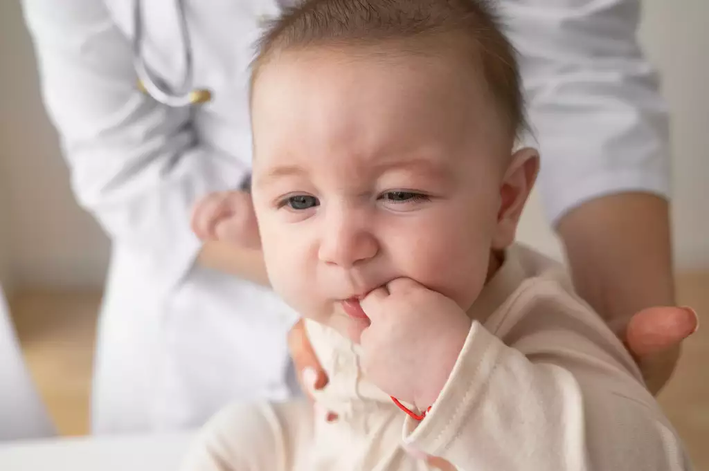 Bebê sendo avaliado por uma pediatra para diagnóstico dos sintomas da candidíase oral em bebês.