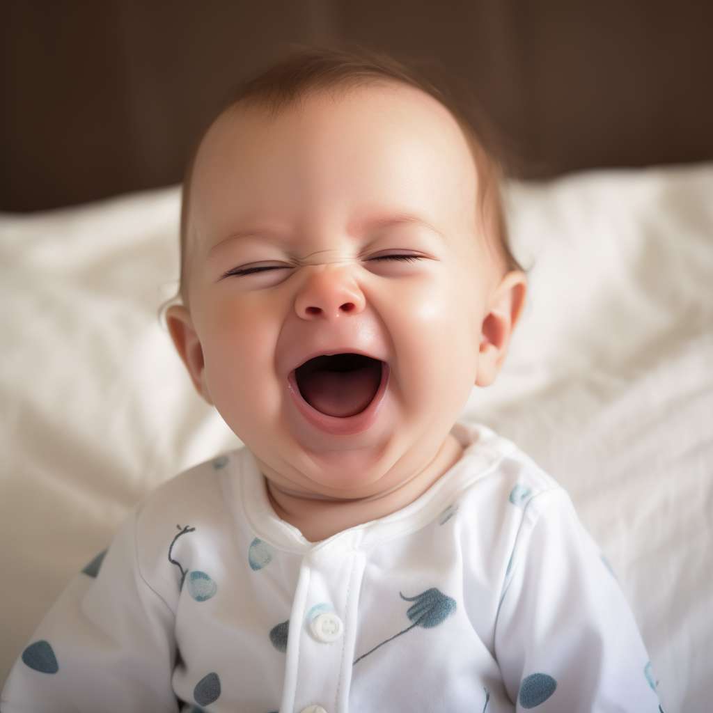 Bebê sorrindo, acordando após uma noite tranquila de sono.